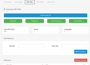 RM//VorteX SEO URL management interface for OpenCart featuring multilingual SEO URL generation, redirect management, centralized URL architecture, and scalable SEO operations.