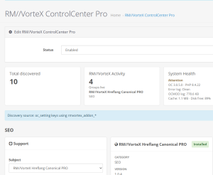 RM//VorteX ControlCenter PRO dashboard with extension discovery and system health